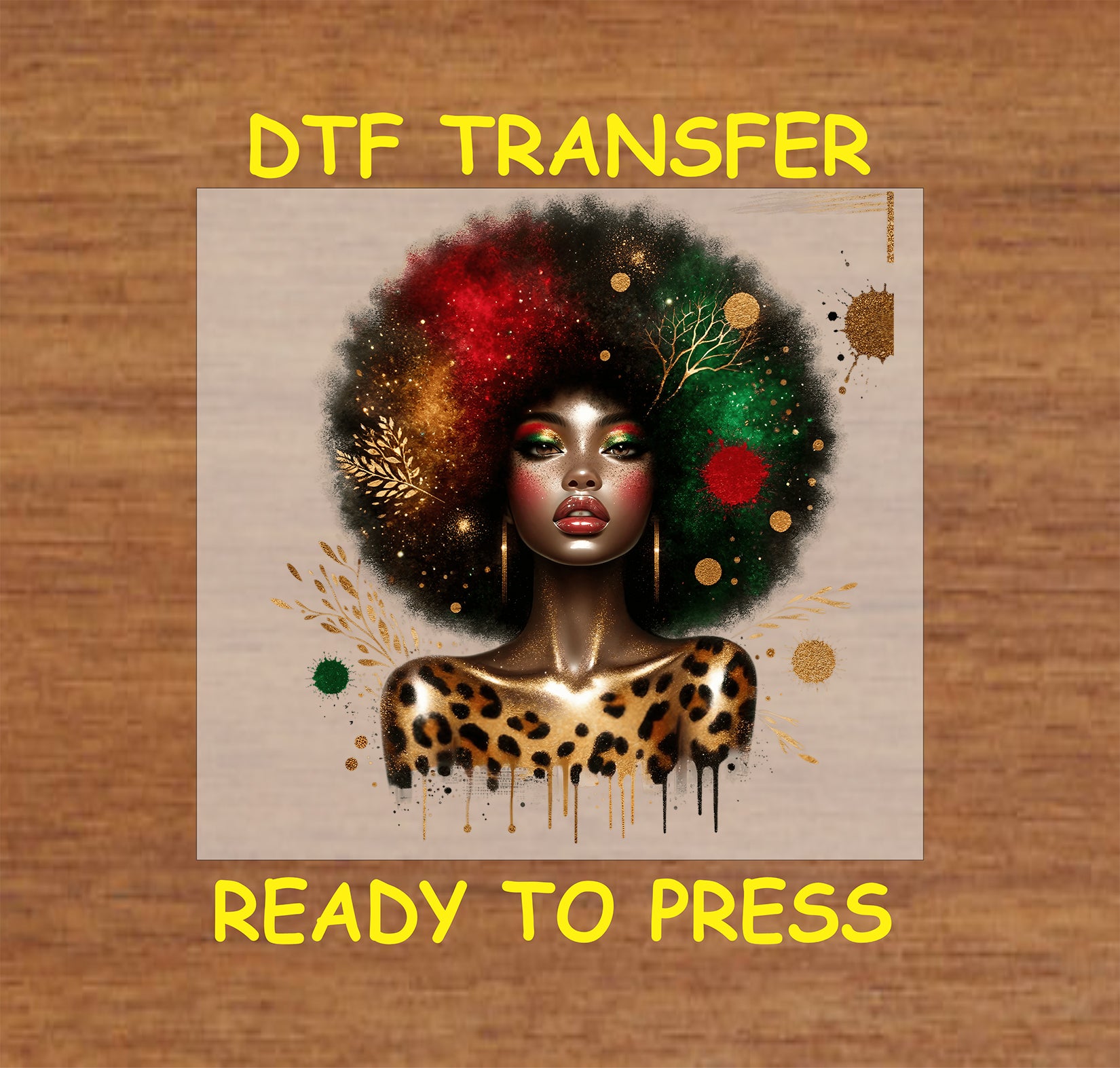 "DTF transfer of a woman with a glowing afro in red, green, and gold, wearing leopard print."
