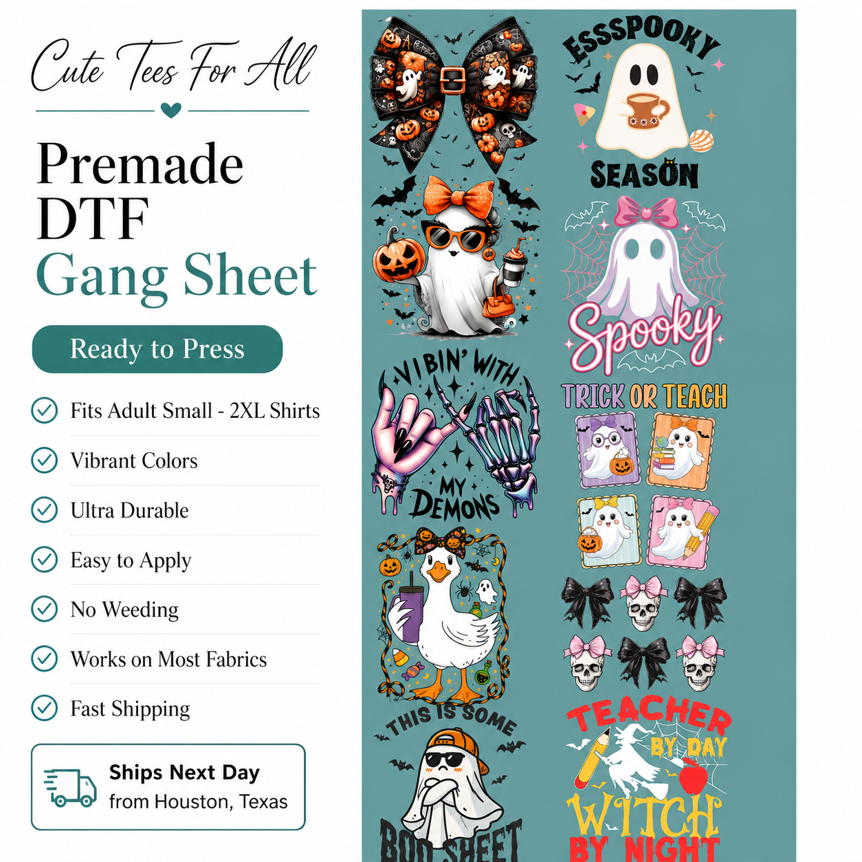 A promotional graphic for a premade DTF gang sheet featuring multiple Halloween-themed graphic designs on a white background, with text listing features such as fit, colors, durability, and shipping details.