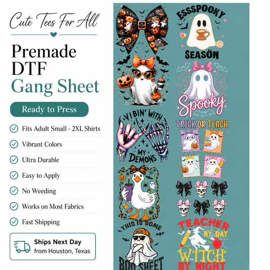 A promotional graphic for a premade DTF gang sheet featuring multiple Halloween-themed graphic designs on a white background, with text listing features such as fit, colors, durability, and shipping details.