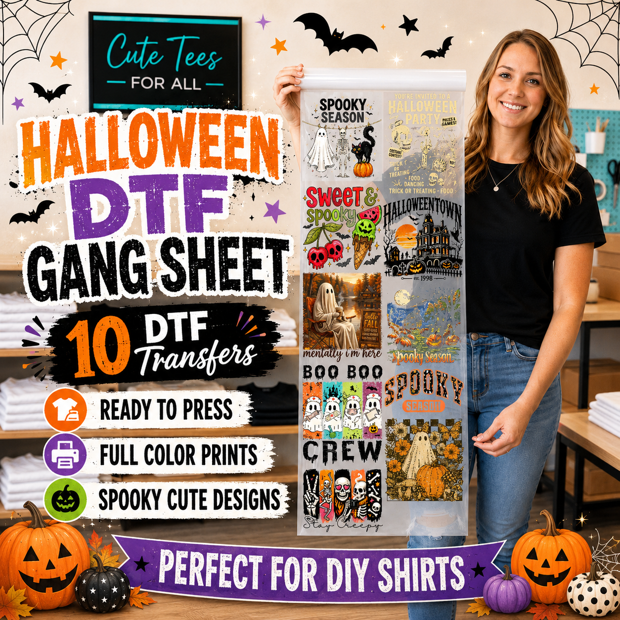 A woman holds up a DTF gang sheet filled with various Halloween-themed transfer designs. The background is decorated with spiderwebs, bats, and jack-o'-lanterns, and there is a large promotional text overlay on the left side describing the product as 'Halloween DTF Gang Sheet' with '10 DTF Transfers'.