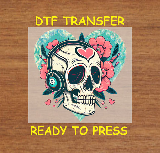 Retro Valentine Skull with Floral Accents design with Flowers and hearts, for heat press DTF transfer.