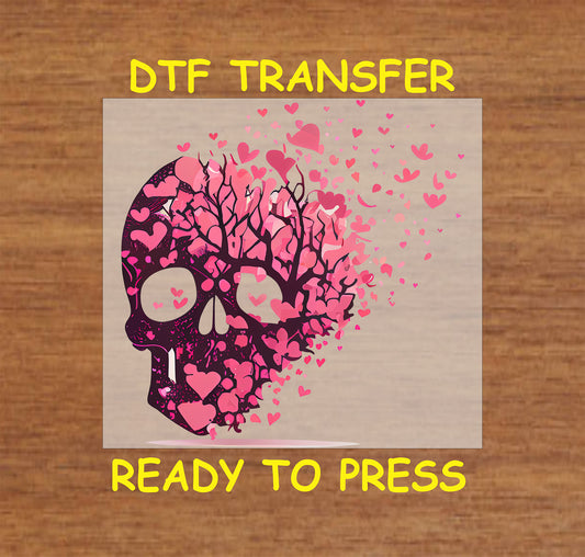 Pink Valentine Skull design with Skull and hearts, for heat press DTF transfer.