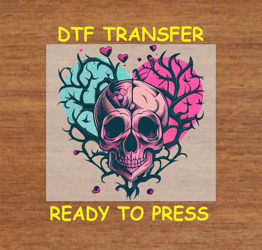 Colorful Valentine Skull with Floral Accents design with Flowers and hearts, for heat press DTF transfer.