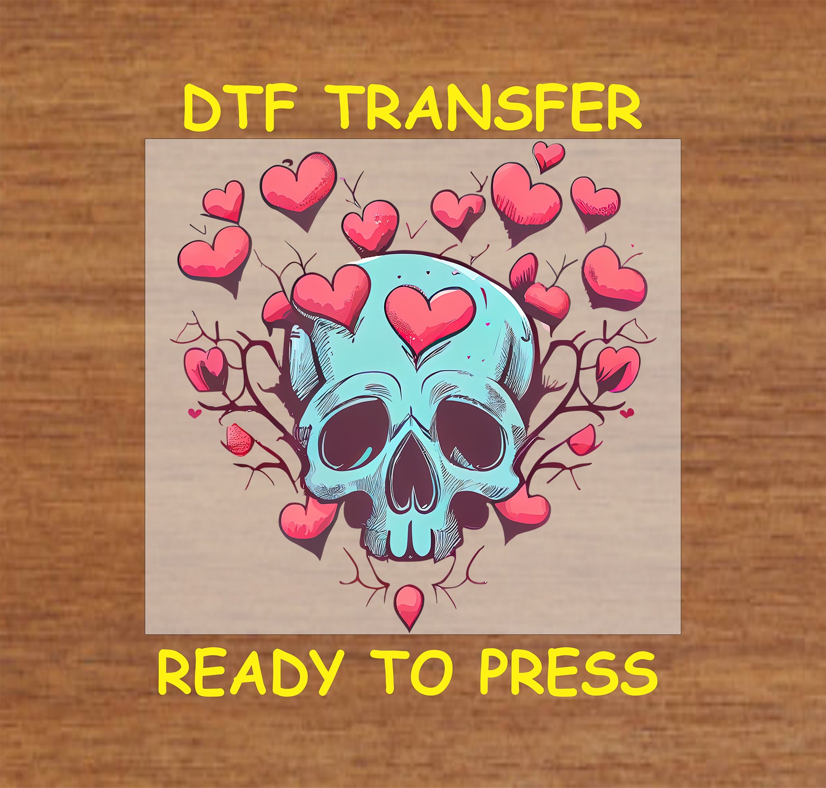 Vibrant Valentine Skull design with Skull and hearts, for heat press DTF transfer.