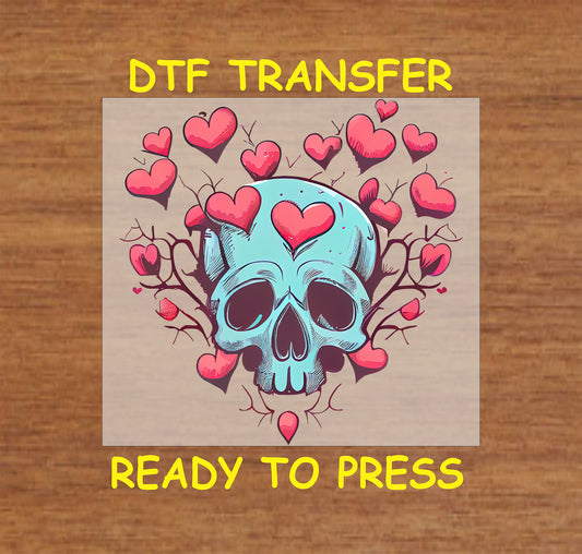 Vibrant Valentine Skull design with Skull and hearts, for heat press DTF transfer.