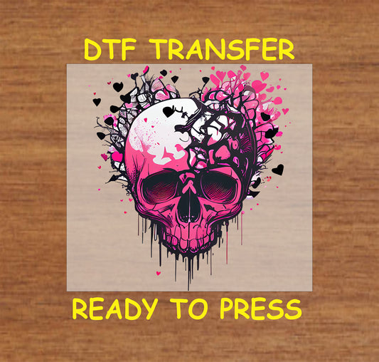 “Edgy Skull With Heart Accents” ready-to-press DTF transfer. This vibrant design features a Dripping skull with heart accents. 