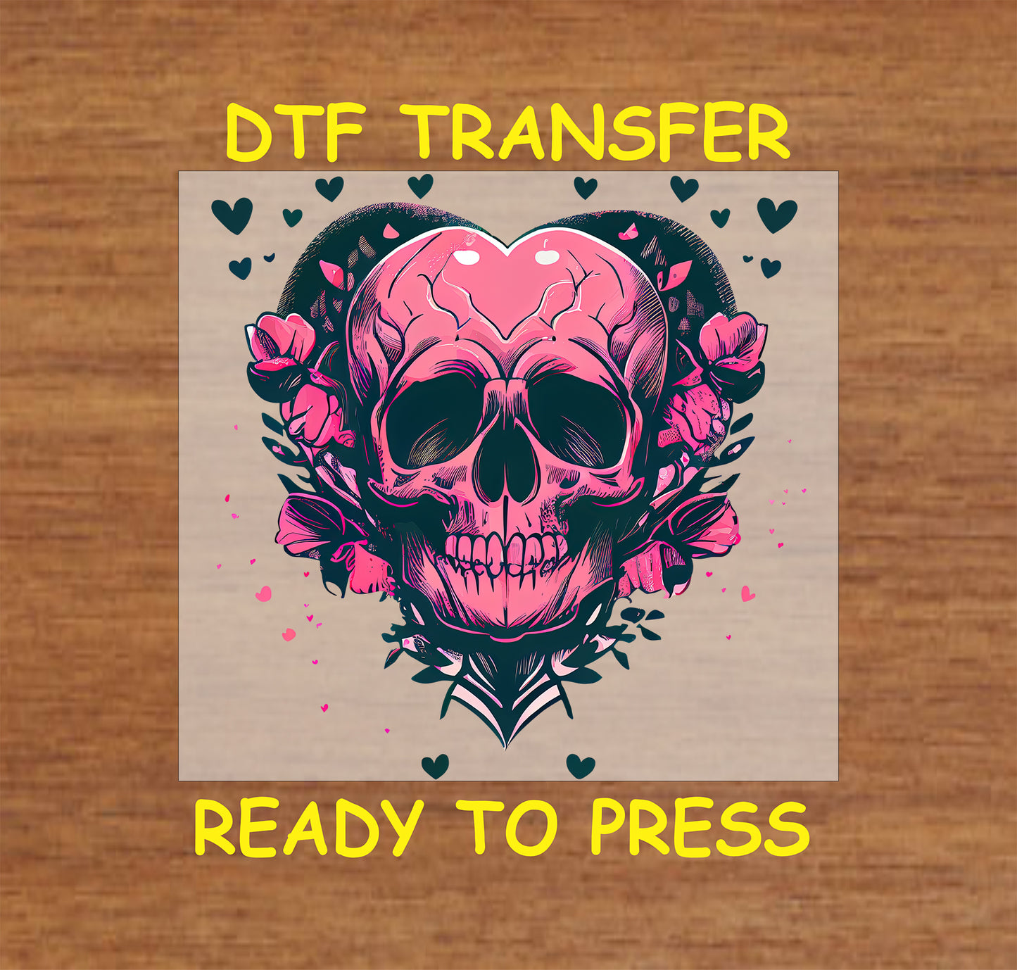Edgy Skull With Heart And Floral Design. ready-to-press DTF transfer. This vibrant design features a vibrant pink skull with heart and floral accents.