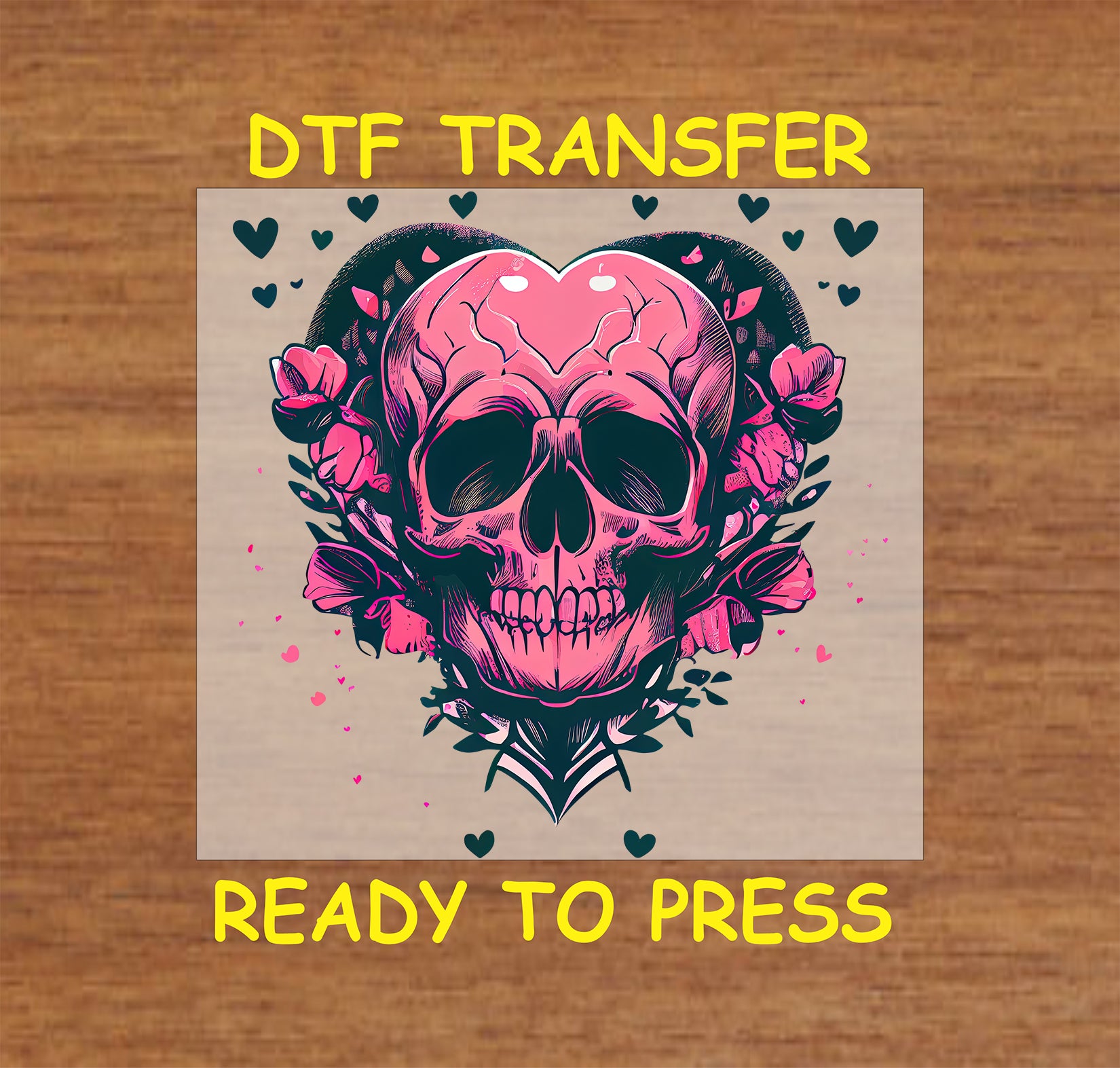 Edgy Skull With Heart And Floral Design. ready-to-press DTF transfer. This vibrant design features a vibrant pink skull with heart and floral accents.