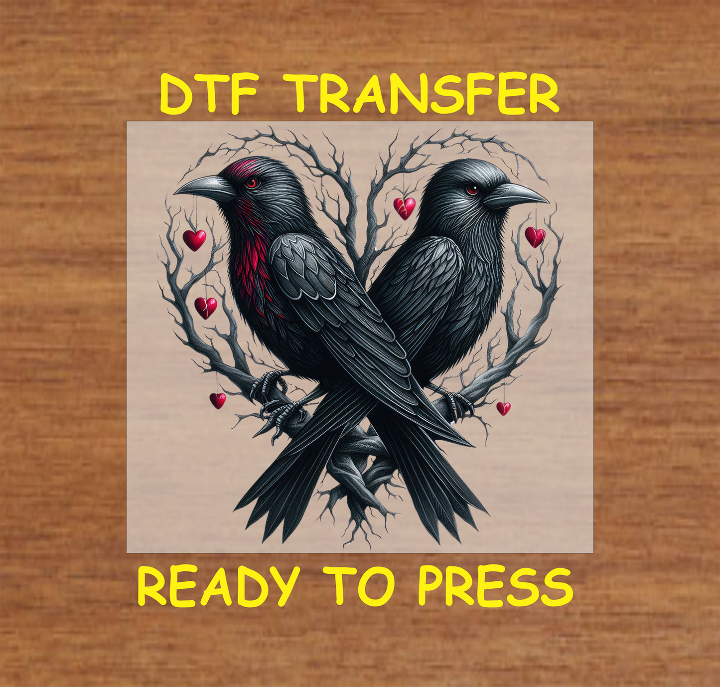 Two Gothic crows perched on branches with red hearts, ready-to-press DTF transfer.