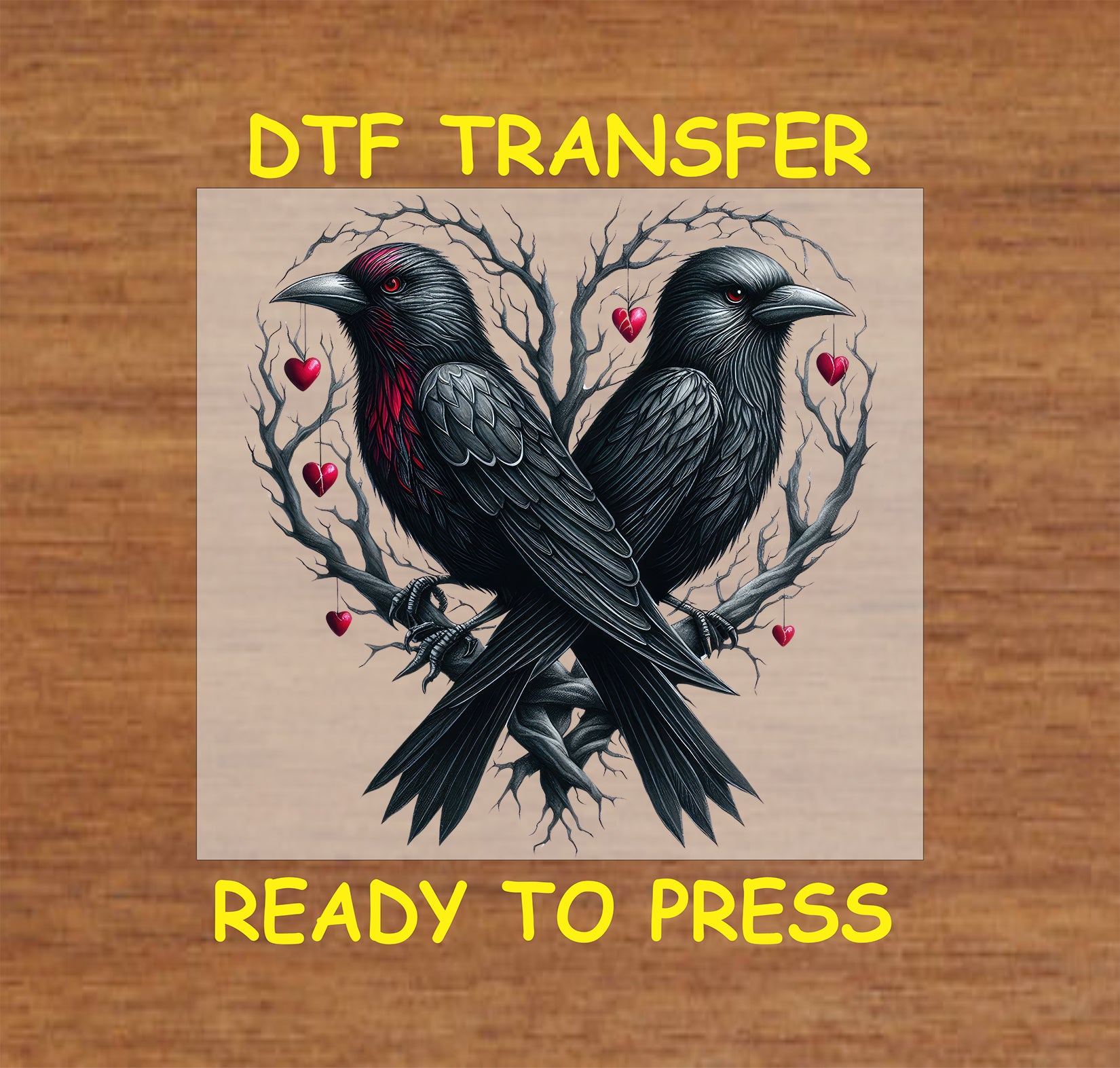 Two Gothic crows perched on branches with red hearts, ready-to-press DTF transfer.