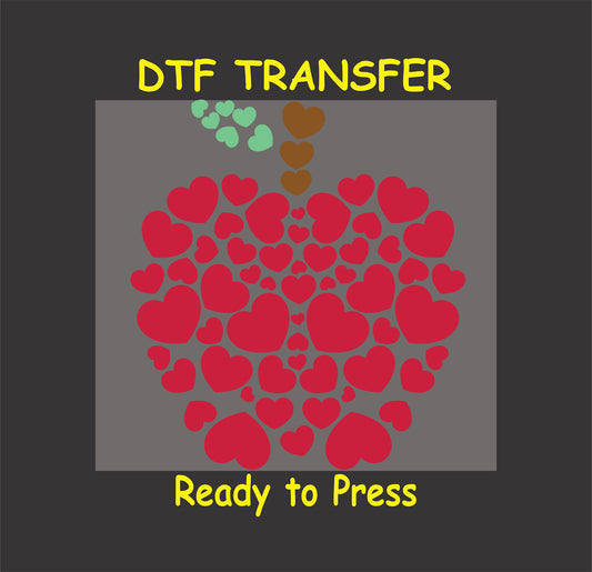 "Heart Apple" DTF Transfer with red hearts forming an apple shape and green leaves for teachers and Valentine’s Day.