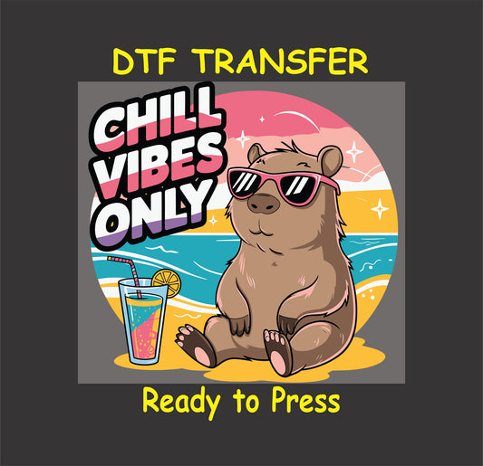 "Chill Vibes Only capybara beach design with sunglasses, drink, sunset, and ocean."