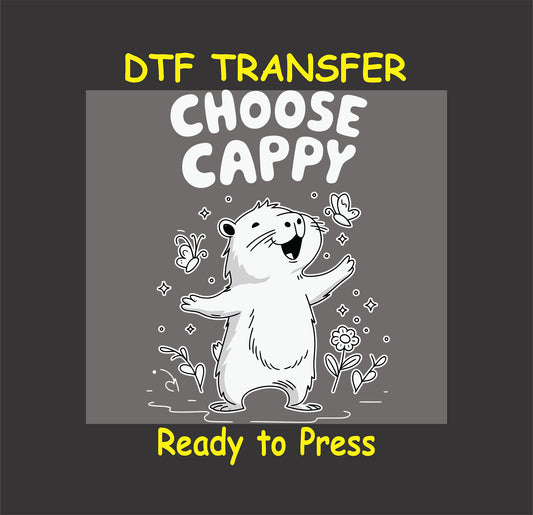 "Choose Cappy capybara design surrounded by butterflies, flowers, and joyful details."