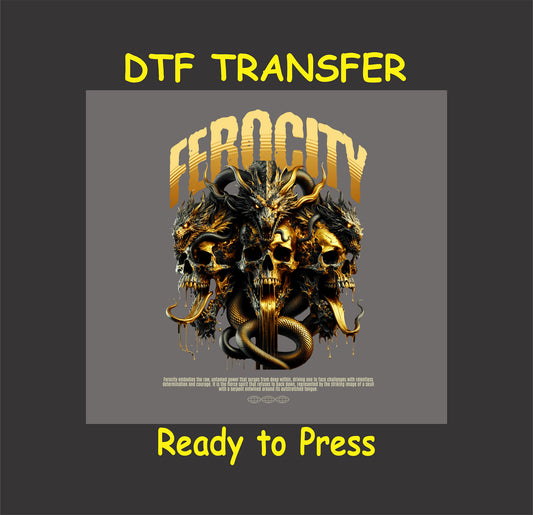 "Ferocity urban streetwear DTF transfer featuring skulls and serpent, bold gold and black design, ready to press."