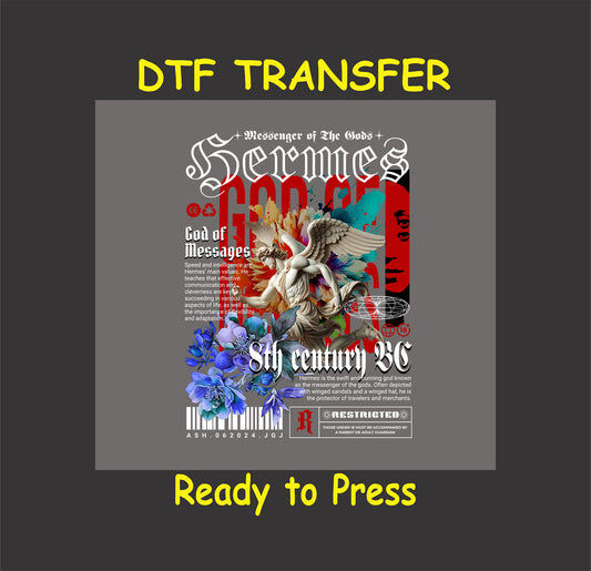 "Hermes God of Messages DTF transfer featuring Greek mythology-inspired design, ready to press for custom apparel."