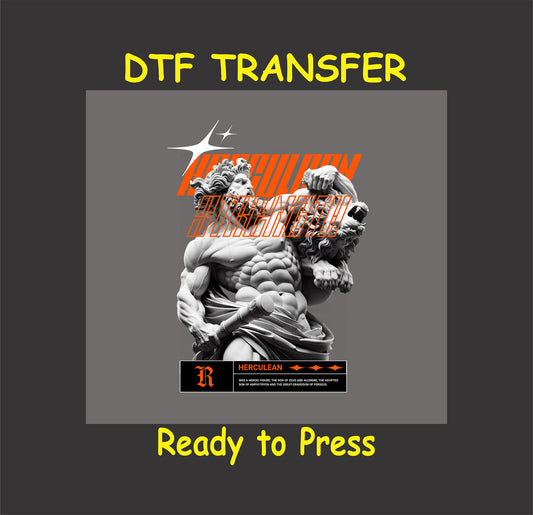 "Herculean Strength DTF transfer featuring a bold sculpted figure and modern typography, ready to press for custom apparel."