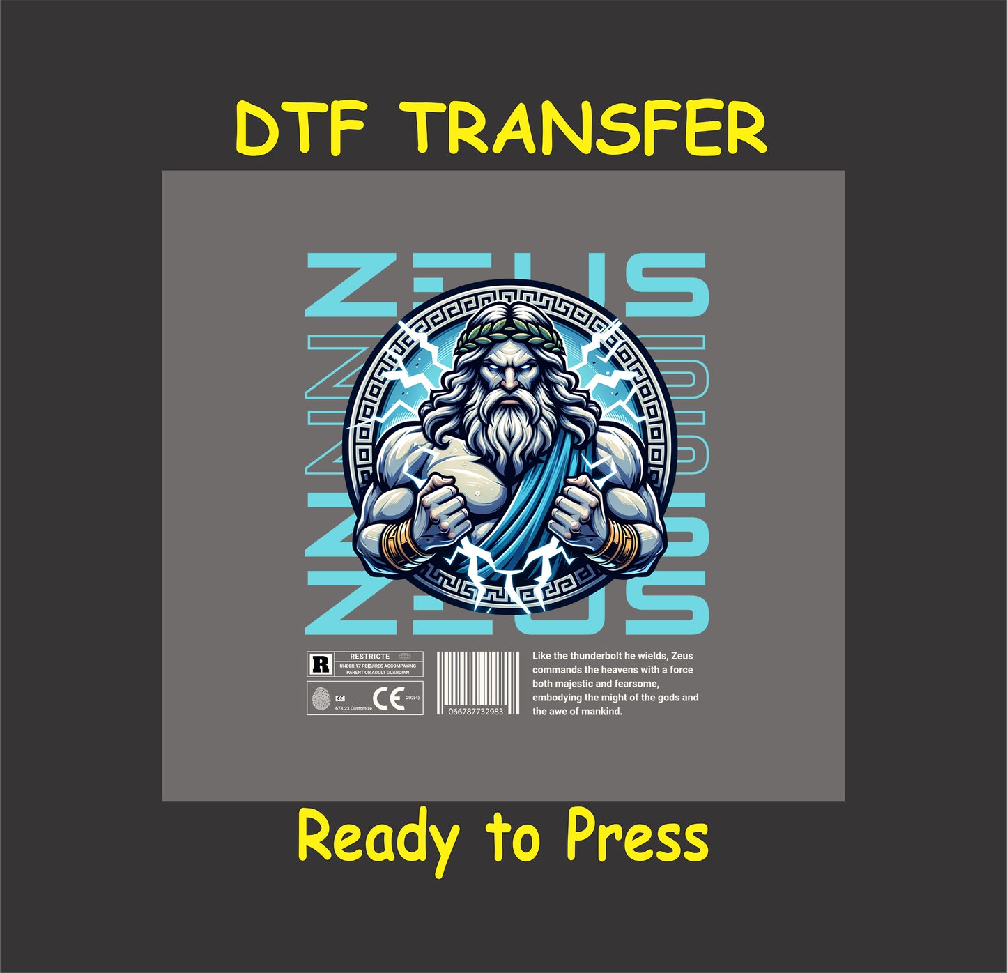 "Zeus Thunderbolt DTF transfer featuring a powerful mythological figure and lightning, ready to press for custom apparel."