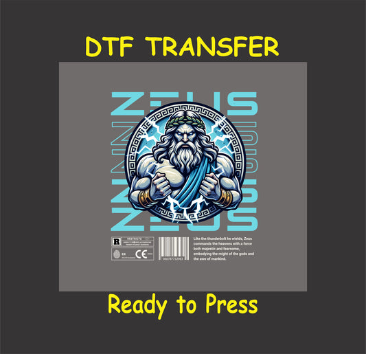 "Zeus Thunderbolt DTF transfer featuring a powerful mythological figure and lightning, ready to press for custom apparel."