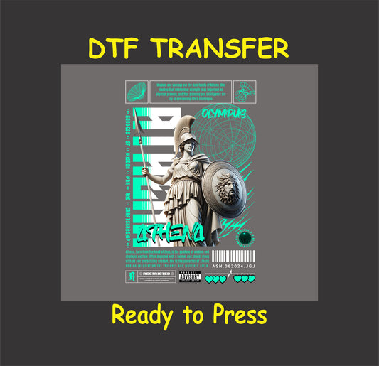"Athena DTF transfer featuring the Greek goddess with shield and spear, ready to press for custom apparel."