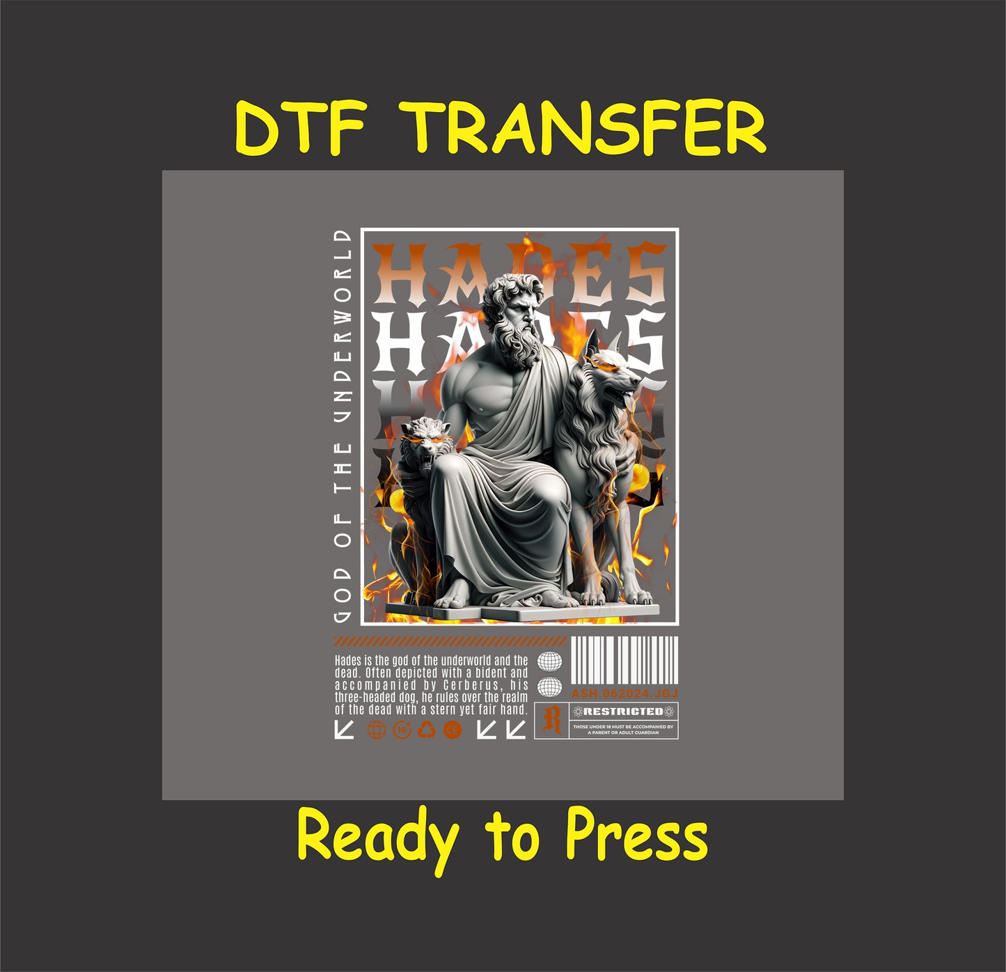 "Hades DTF transfer featuring the Greek god of the underworld with Cerberus, ready to press for custom apparel."