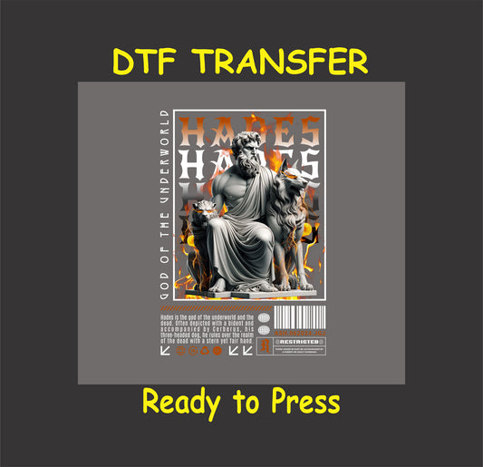 "Hades DTF transfer featuring the Greek god of the underworld with Cerberus, ready to press for custom apparel."