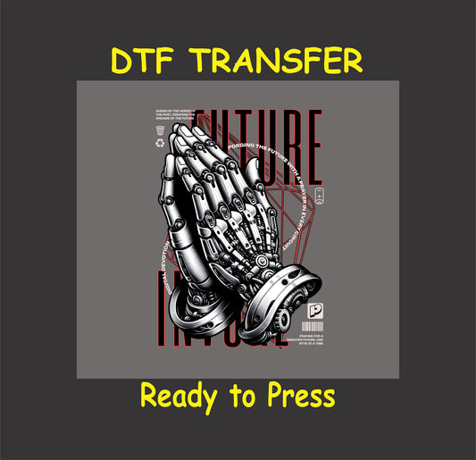 "Future Hands DTF Transfer featuring robotic hands in prayer, ready to press for custom urban streetwear."