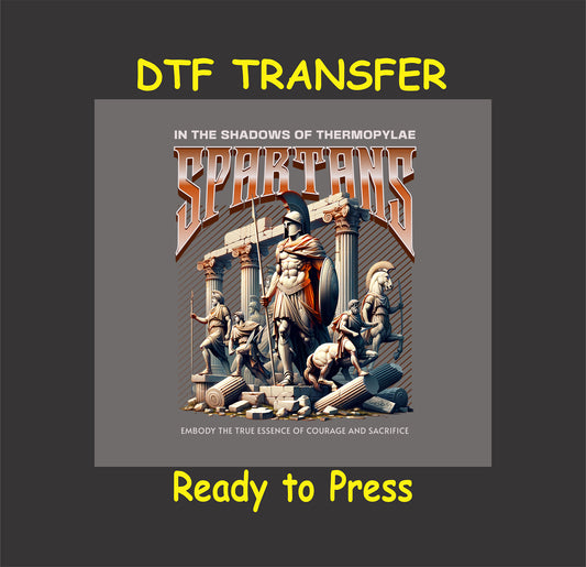 "Spartans - Shadows of Thermopylae DTF Transfer featuring Spartan warriors and ancient ruins, ready to press for custom apparel."