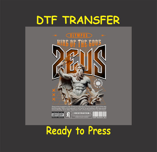 "Zeus - King of the Gods DTF Transfer featuring Zeus holding a thunderbolt, ready to press for custom clothing."