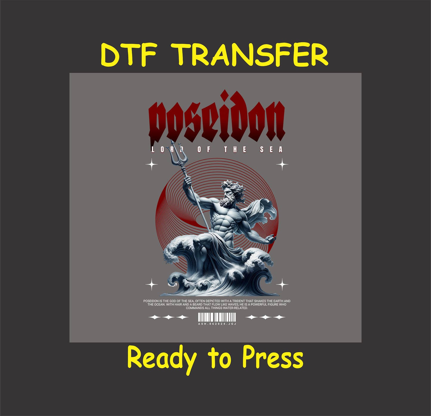 "Poseidon DTF Transfer design featuring the Greek god of the sea with a trident and ocean waves, perfect for custom clothing."