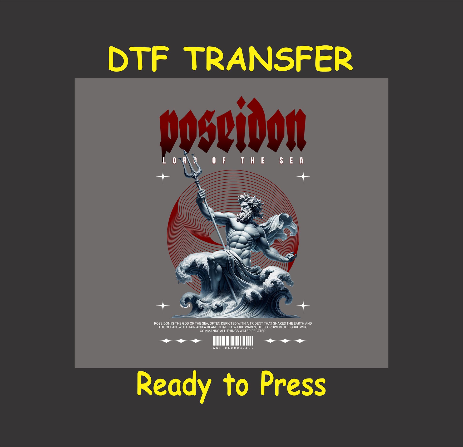 "Poseidon DTF Transfer design featuring the Greek god of the sea with a trident and ocean waves, perfect for custom clothing."