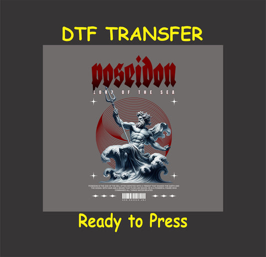 "Poseidon DTF Transfer design featuring the Greek god of the sea with a trident and ocean waves, perfect for custom clothing."
