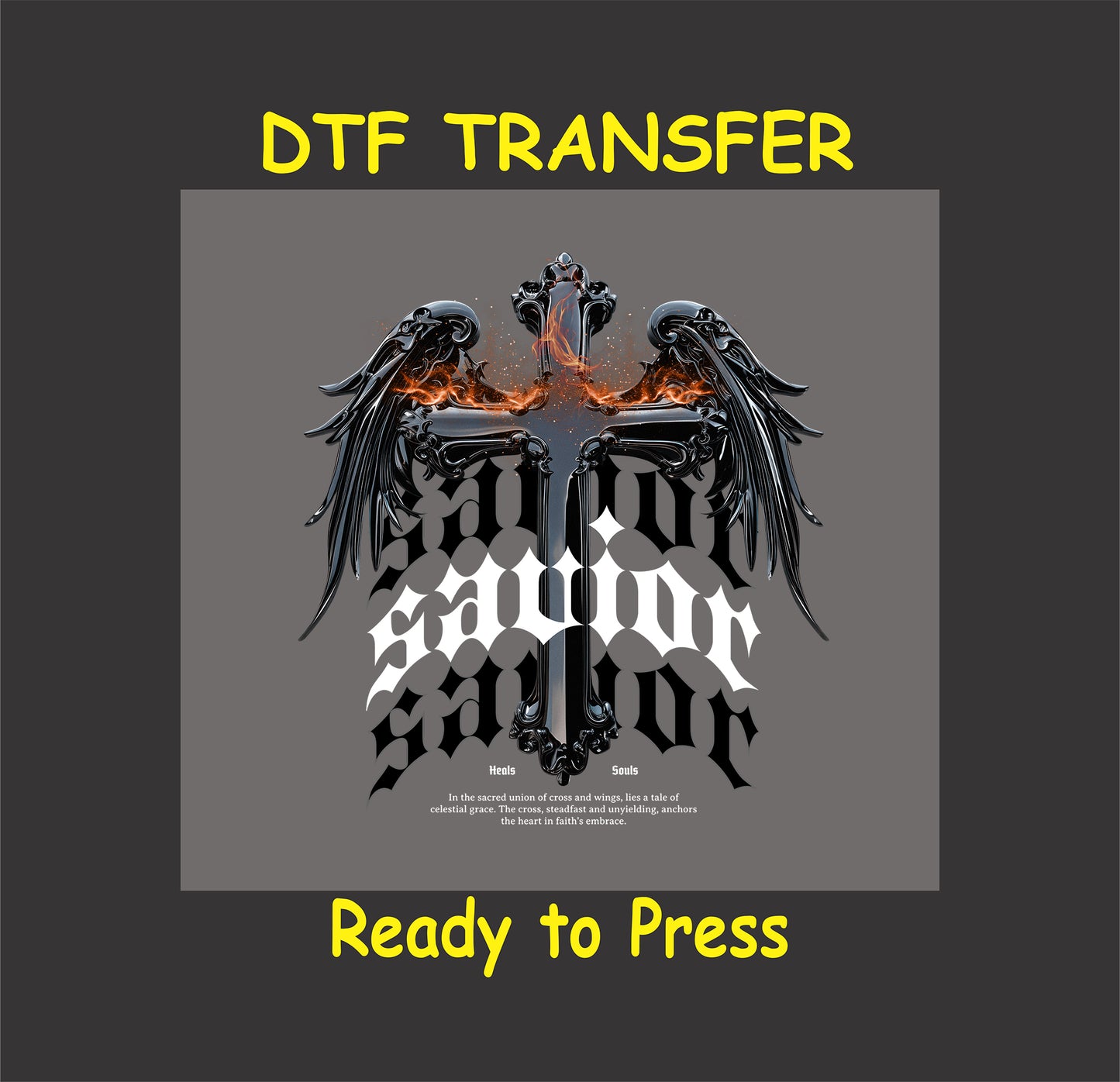 "Savior Cross Wings DTF Transfer with fiery cross and wing design for custom apparel."