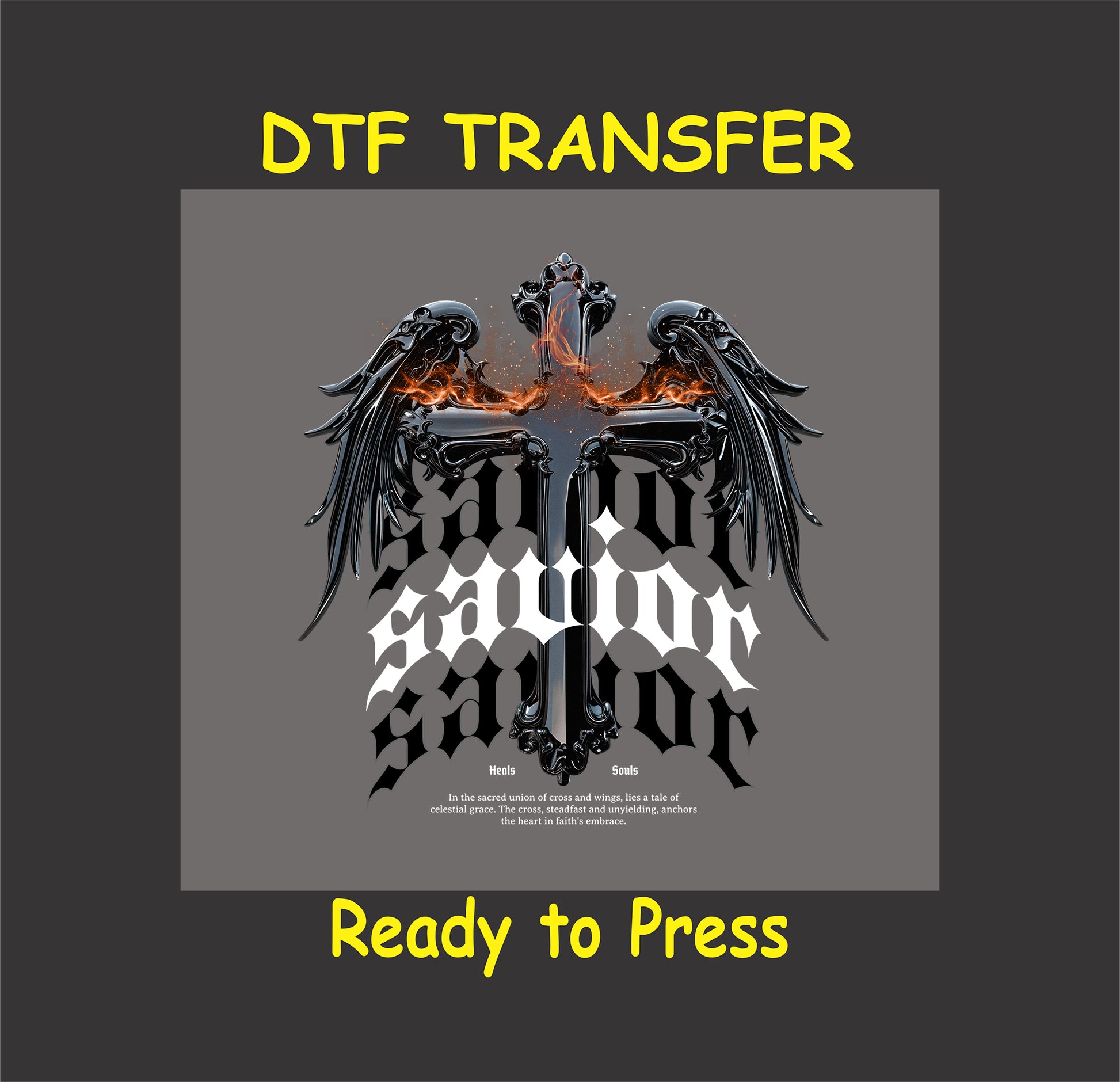 "Savior Cross Wings DTF Transfer with fiery cross and wing design for custom apparel."