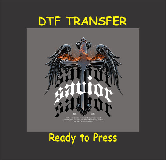 "Savior Cross Wings DTF Transfer with fiery cross and wing design for custom apparel."