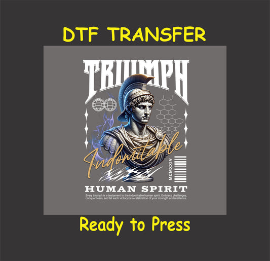 "Triumph Indomitable DTF Transfer featuring a Roman warrior symbolizing resilience and human spirit."