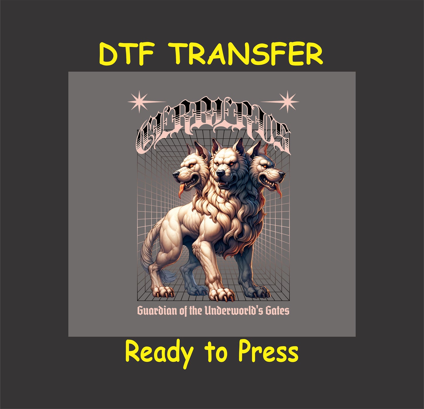 "Cerberus Guardian DTF Transfer featuring a three-headed mythical creature guarding the underworld."