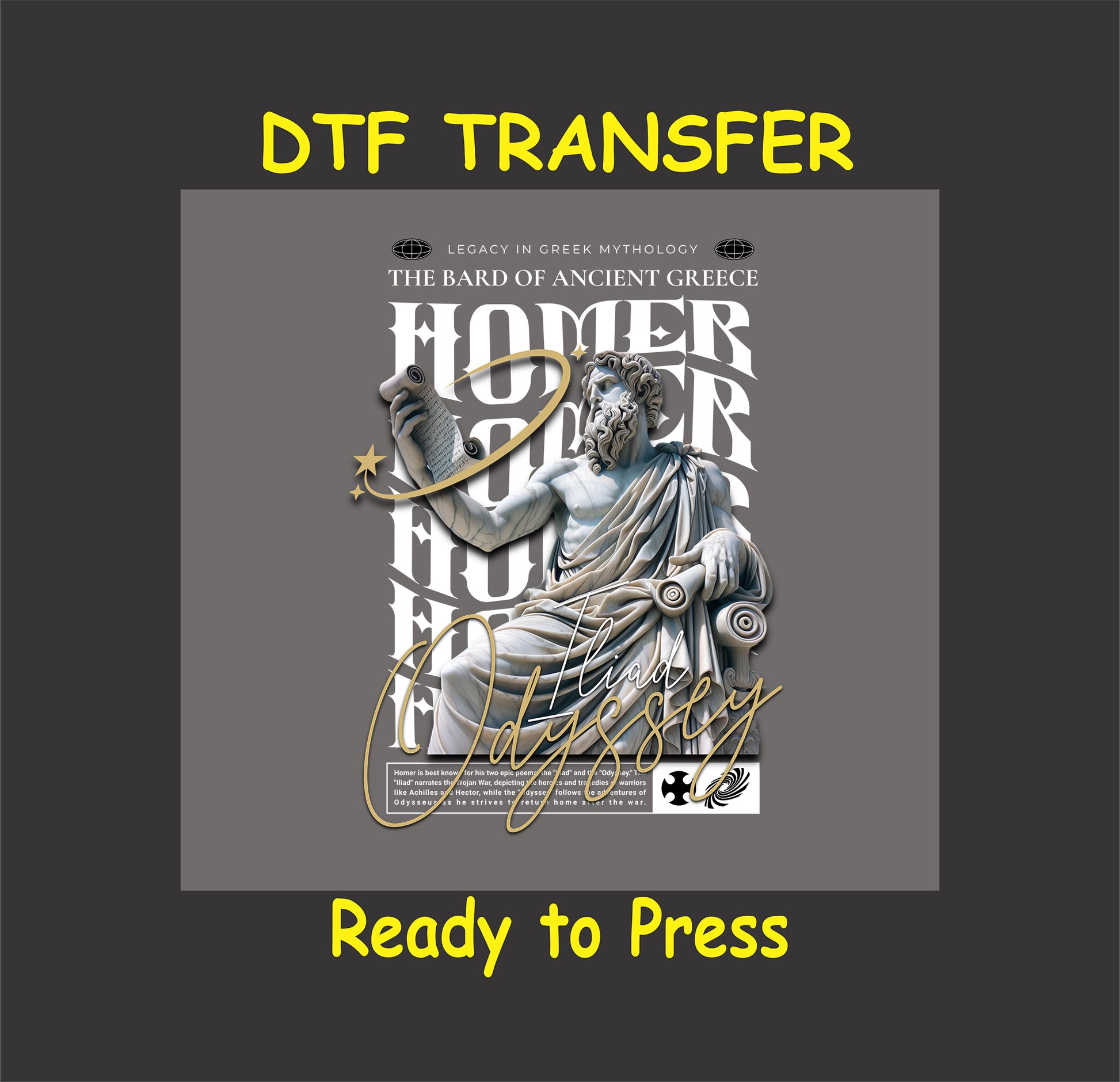 "Homer's Odyssey DTF Transfer featuring an artistic depiction of the ancient Greek bard and epic poetry."