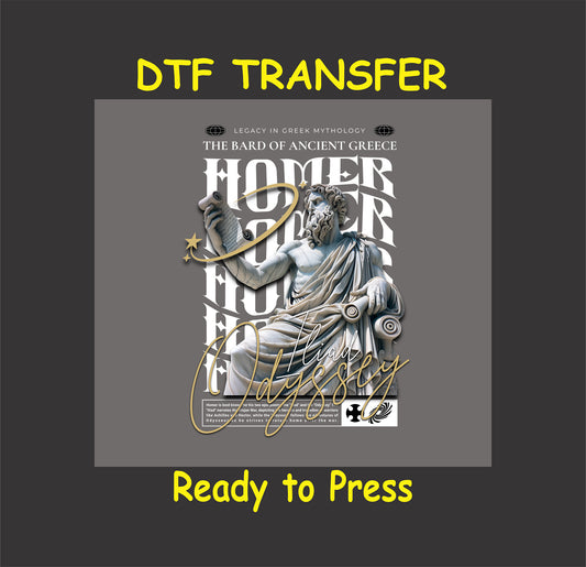 "Homer's Odyssey DTF Transfer featuring an artistic depiction of the ancient Greek bard and epic poetry."