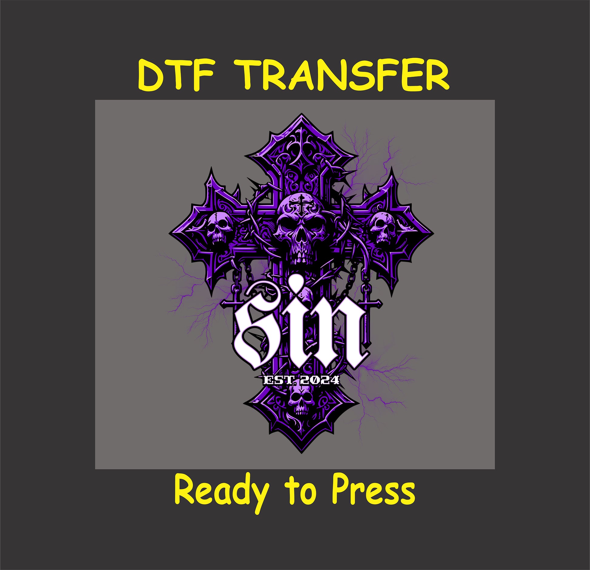 "Gothic Sin Cross DTF Transfer featuring skulls, crosses, and purple lightning accents."
