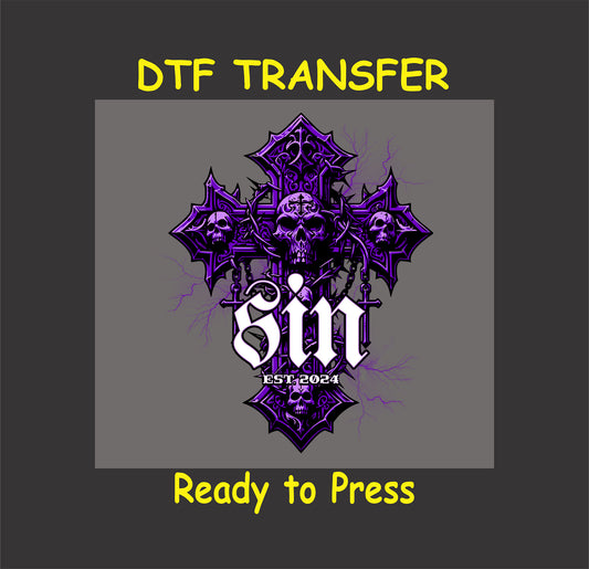 "Gothic Sin Cross DTF Transfer featuring skulls, crosses, and purple lightning accents."