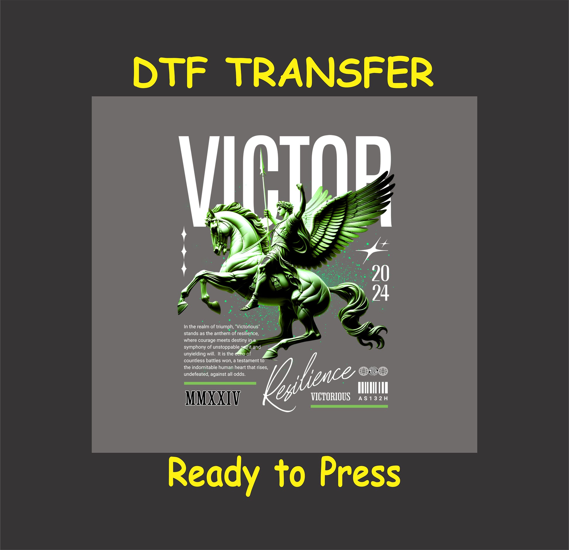 "Victor DTF Transfer showcasing a winged warrior on horseback with green accents, symbolizing triumph and resilience."