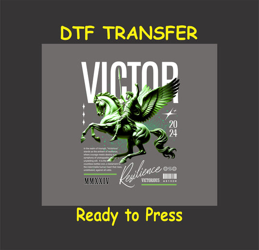 "Victor DTF Transfer showcasing a winged warrior on horseback with green accents, symbolizing triumph and resilience."