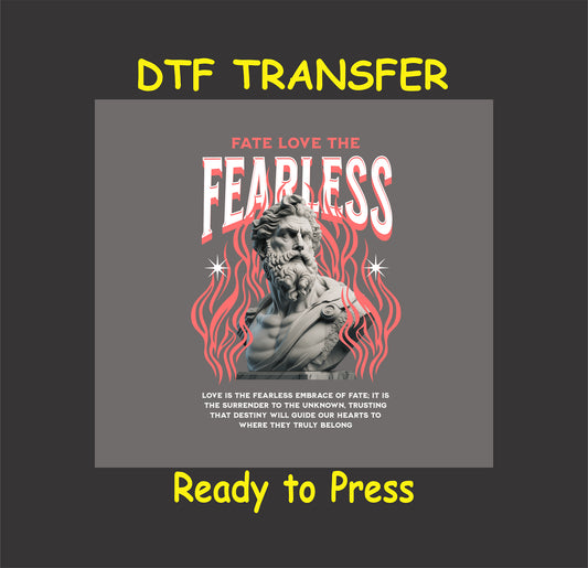 "Fearless DTF Transfer with a bold mythological bust design and fiery red flames, symbolizing courage and determination."