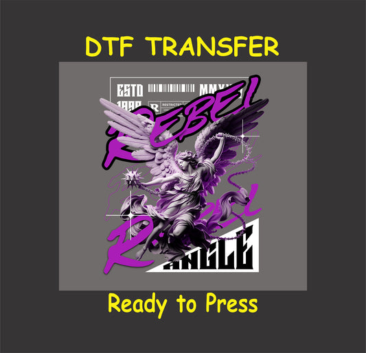 "Rebel Angel DTF Transfer featuring a bold angel design with purple accents and graffiti text, symbolizing defiance and individuality."