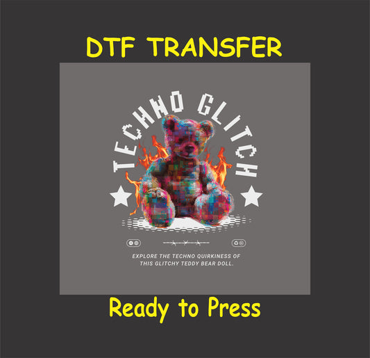 "Techno Glitch Teddy Bear DTF Transfer featuring a digital glitch effect and fiery accents, ideal for futuristic designs."