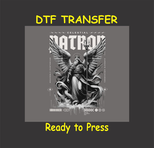 "Celestial Patron Archangel DTF Transfer showcasing a heavenly guardian with detailed wings and spiritual elements, perfect for unique apparel designs."