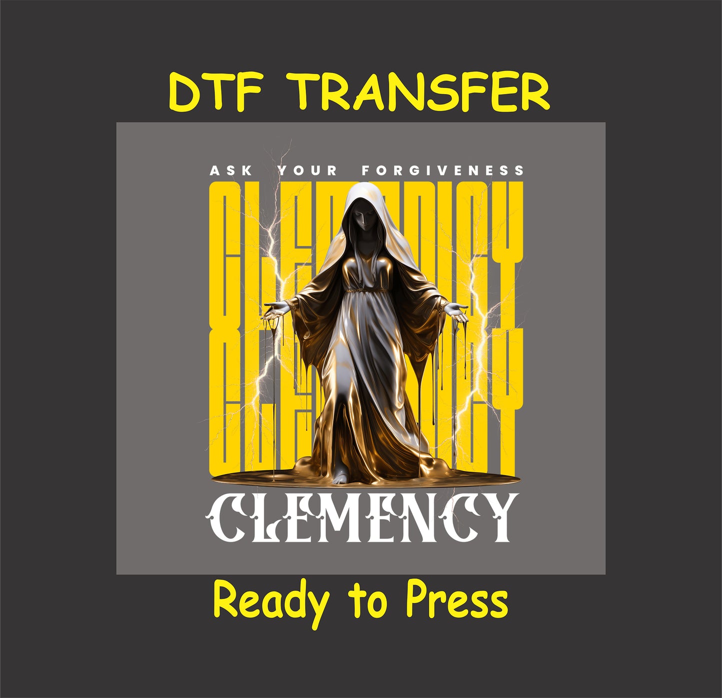 "Clemency DTF Transfer featuring a hooded figure symbolizing forgiveness and grace, perfect for apparel customization."