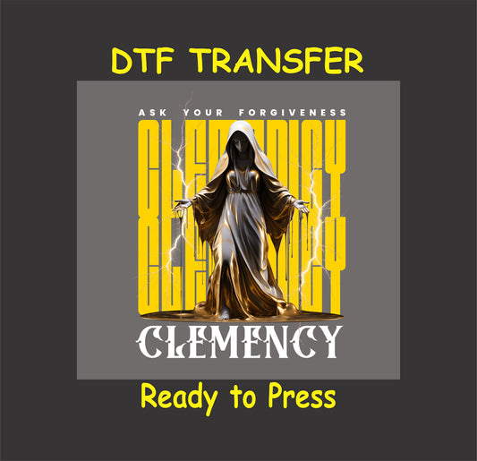 "Clemency DTF Transfer featuring a hooded figure symbolizing forgiveness and grace, perfect for apparel customization."