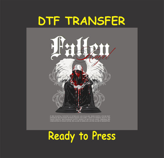 "Fallen Angel DTF Transfer with gothic cloaked figure, wings, and dripping red accents for custom apparel."