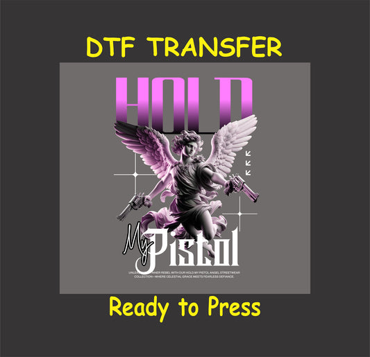 "Hold My Pistol DTF Transfer with angelic figure holding pistols, blending elegance and rebellion."
